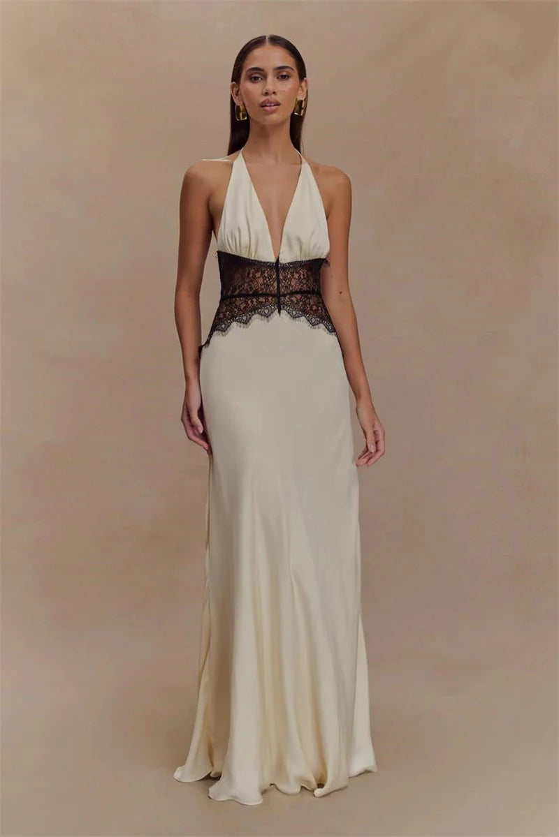 Lace Halter Backless Maxi Dress
