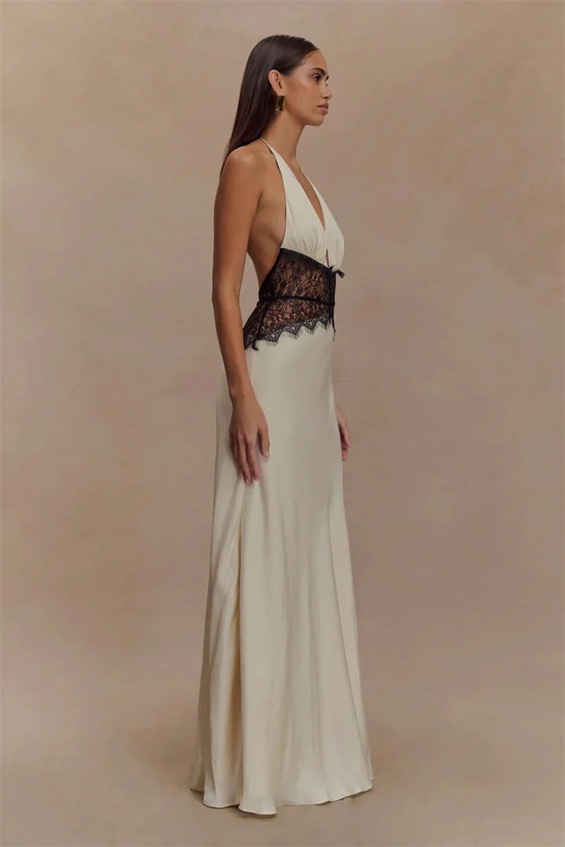 Lace Halter Backless Maxi Dress