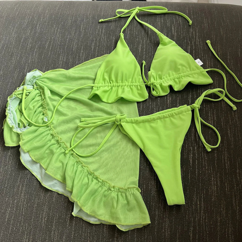 Ruffled Halter Bikini Set With Sarong
