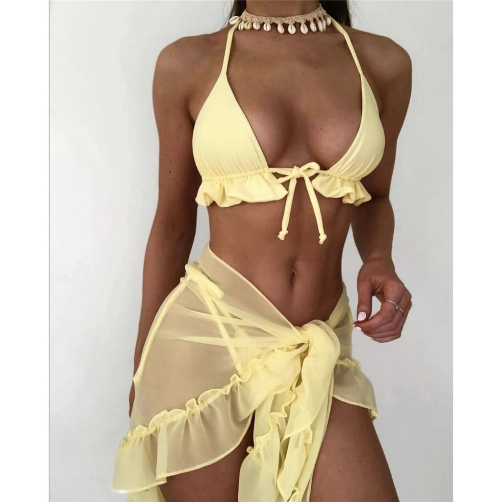 Ruffled Halter Bikini Set With Sarong