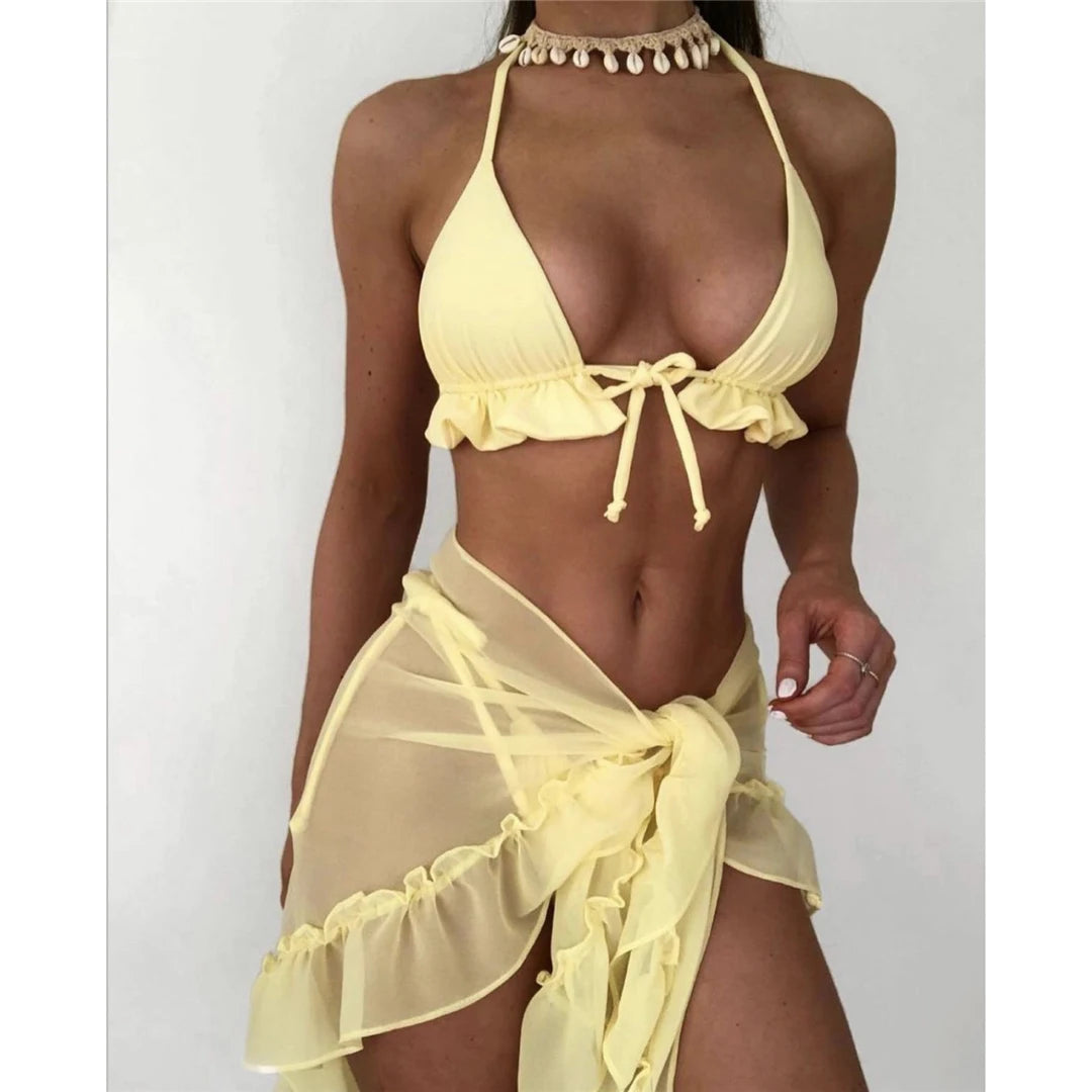 Ruffled Halter Bikini Set With Sarong