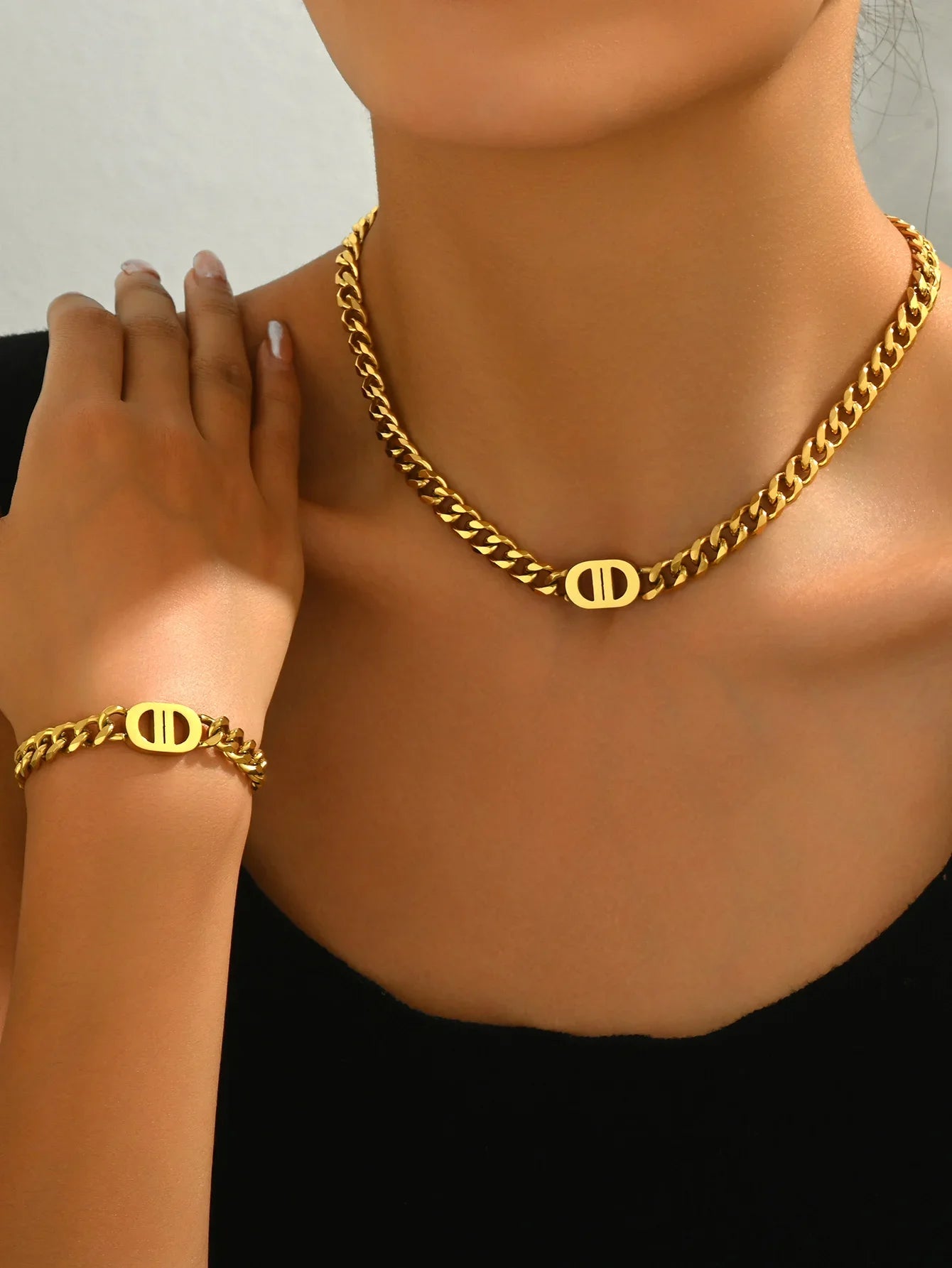 Gold Cuban Chain Necklace & Bracelet Set