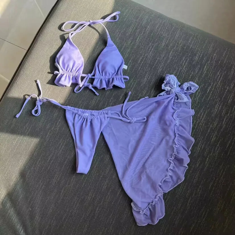 Ruffled Halter Bikini Set With Sarong