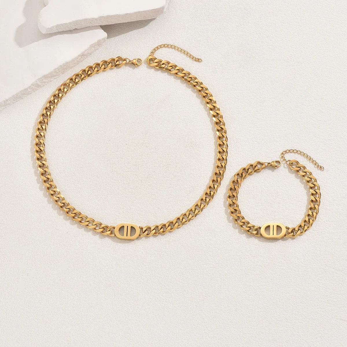 Gold Cuban Chain Necklace & Bracelet Set