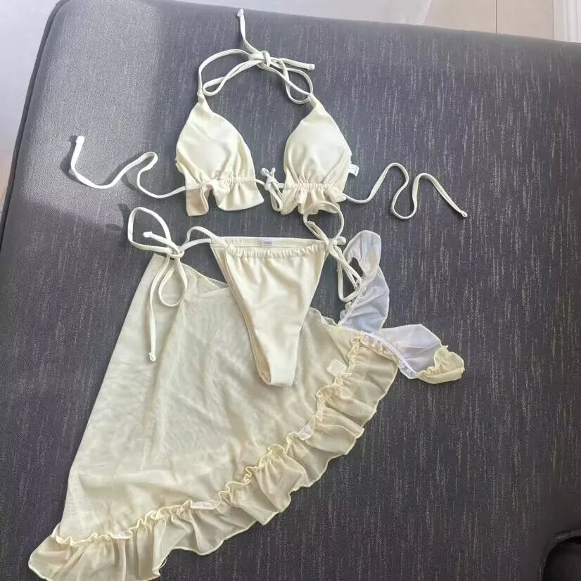 Ruffled Halter Bikini Set With Sarong
