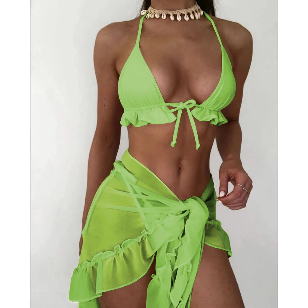 Ruffled Halter Bikini Set With Sarong