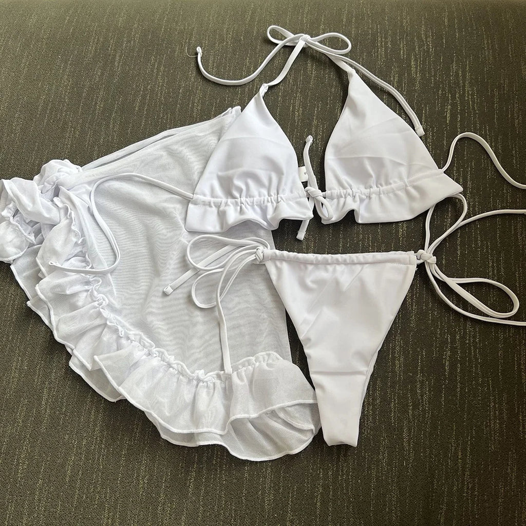 Ruffled Halter Bikini Set With Sarong