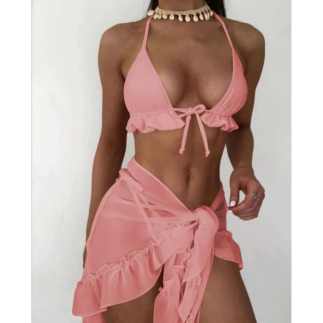 Ruffled Halter Bikini Set With Sarong