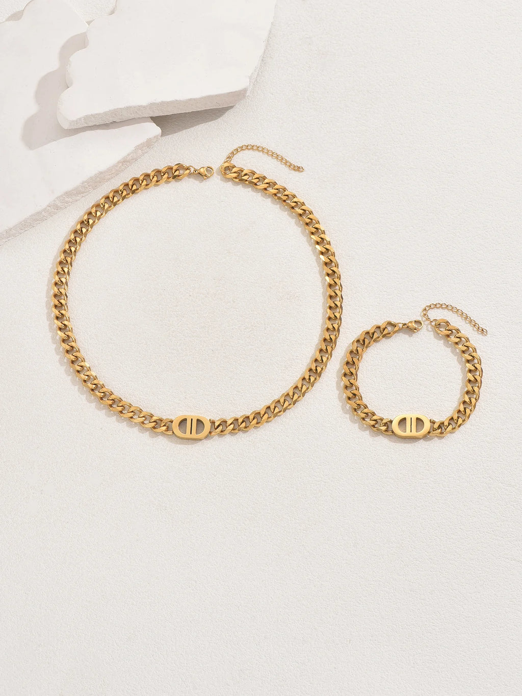 Gold Cuban Chain Necklace & Bracelet Set