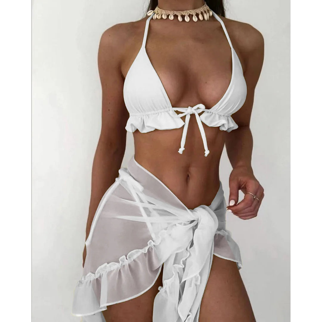 Ruffled Halter Bikini Set With Sarong