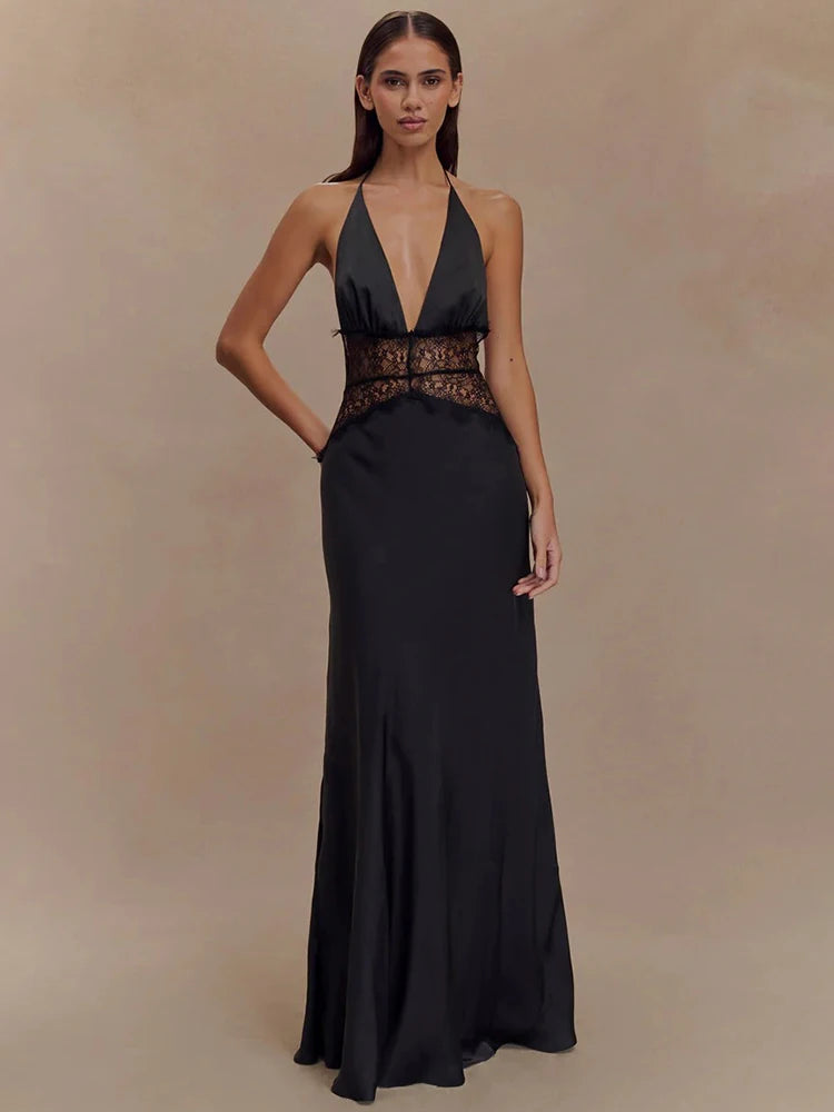 Lace Halter Backless Maxi Dress