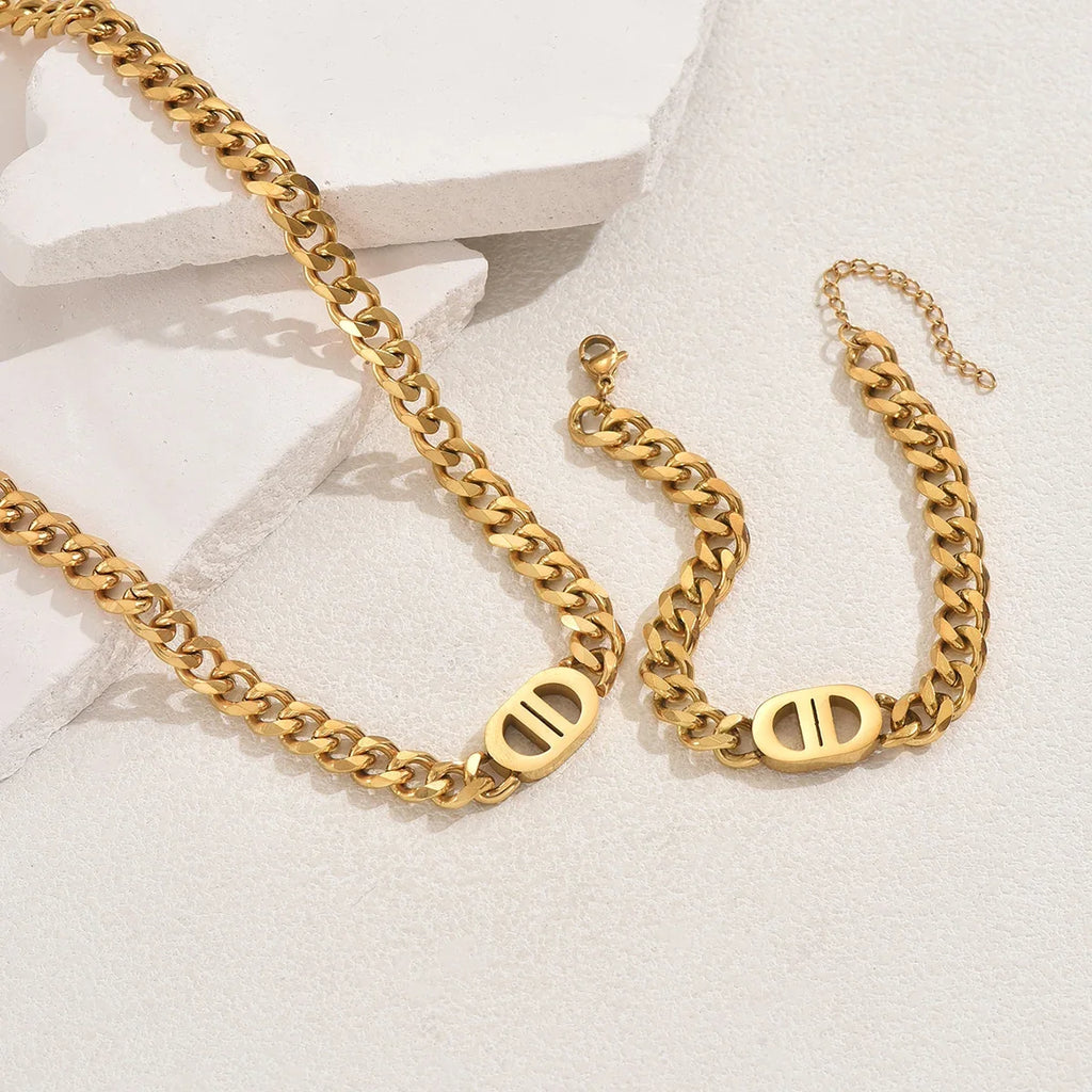 Gold Cuban Chain Necklace & Bracelet Set