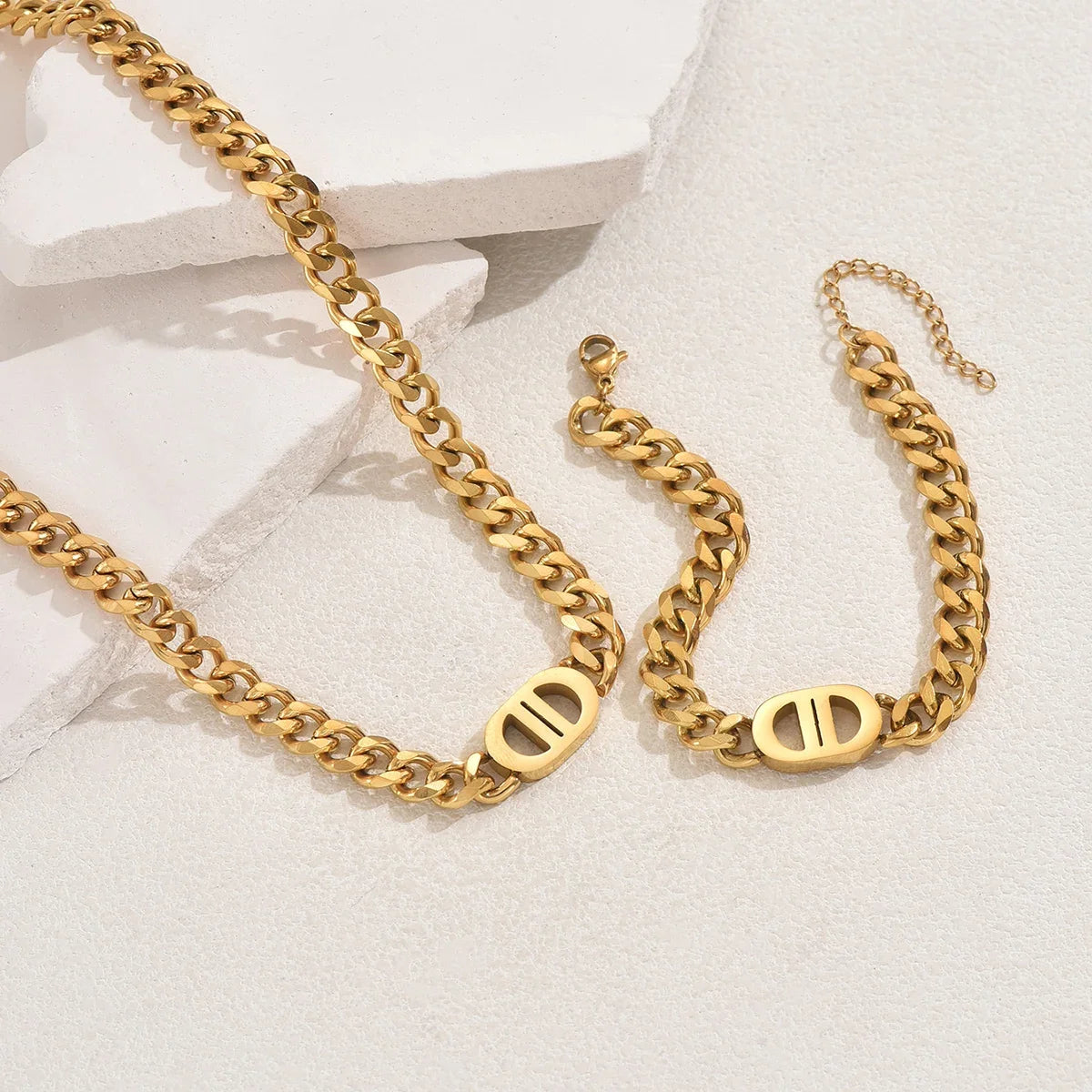 Gold Cuban Chain Necklace & Bracelet Set