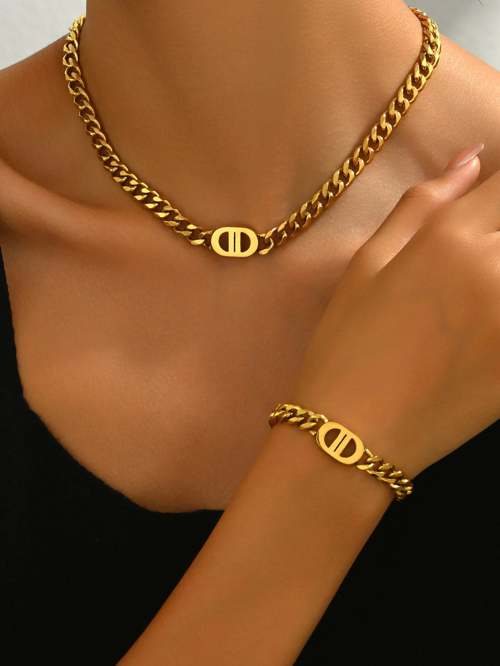 Gold Cuban Chain Necklace & Bracelet Set