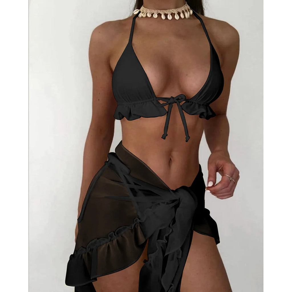 Ruffled Halter Bikini Set With Sarong