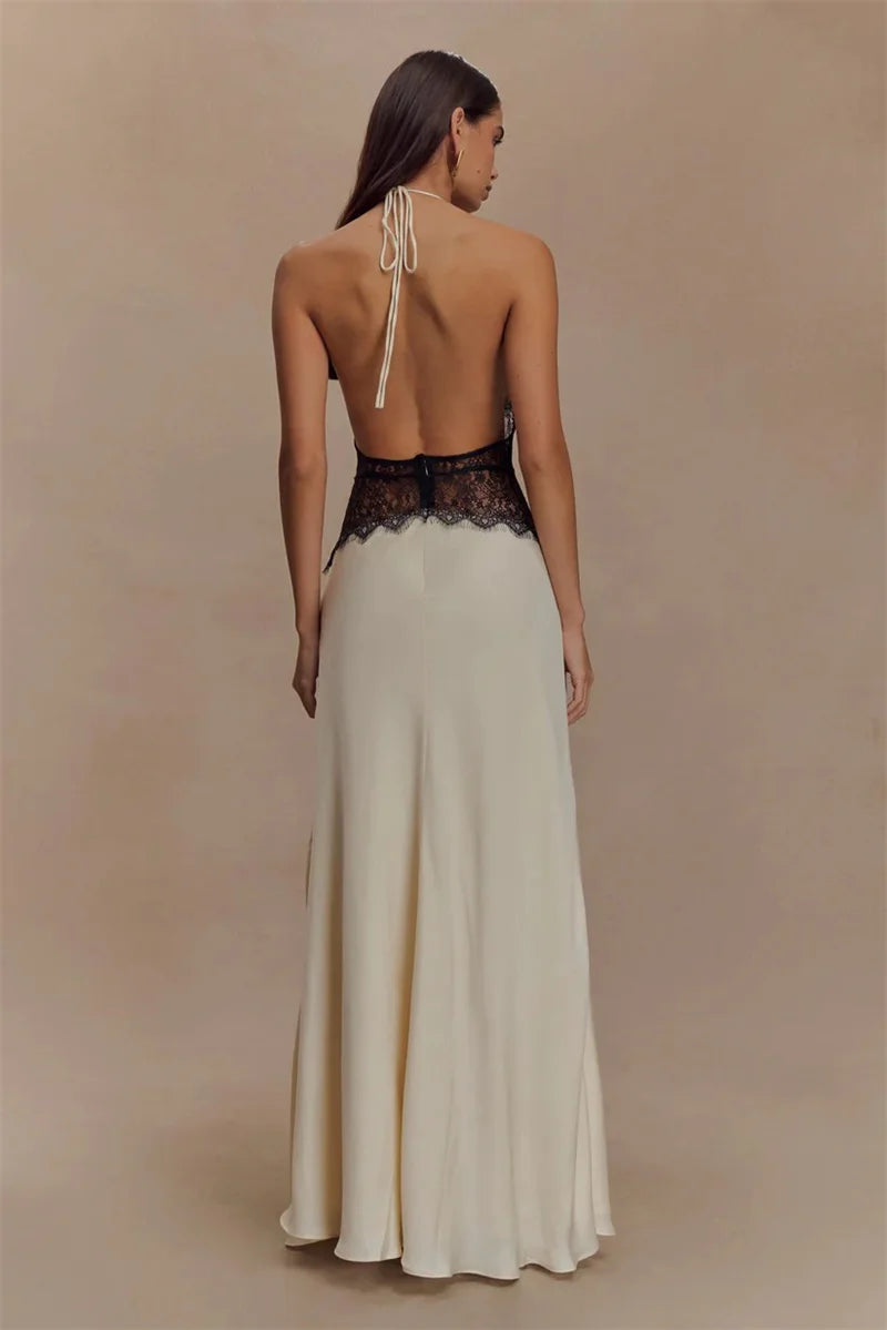 Lace Halter Backless Maxi Dress