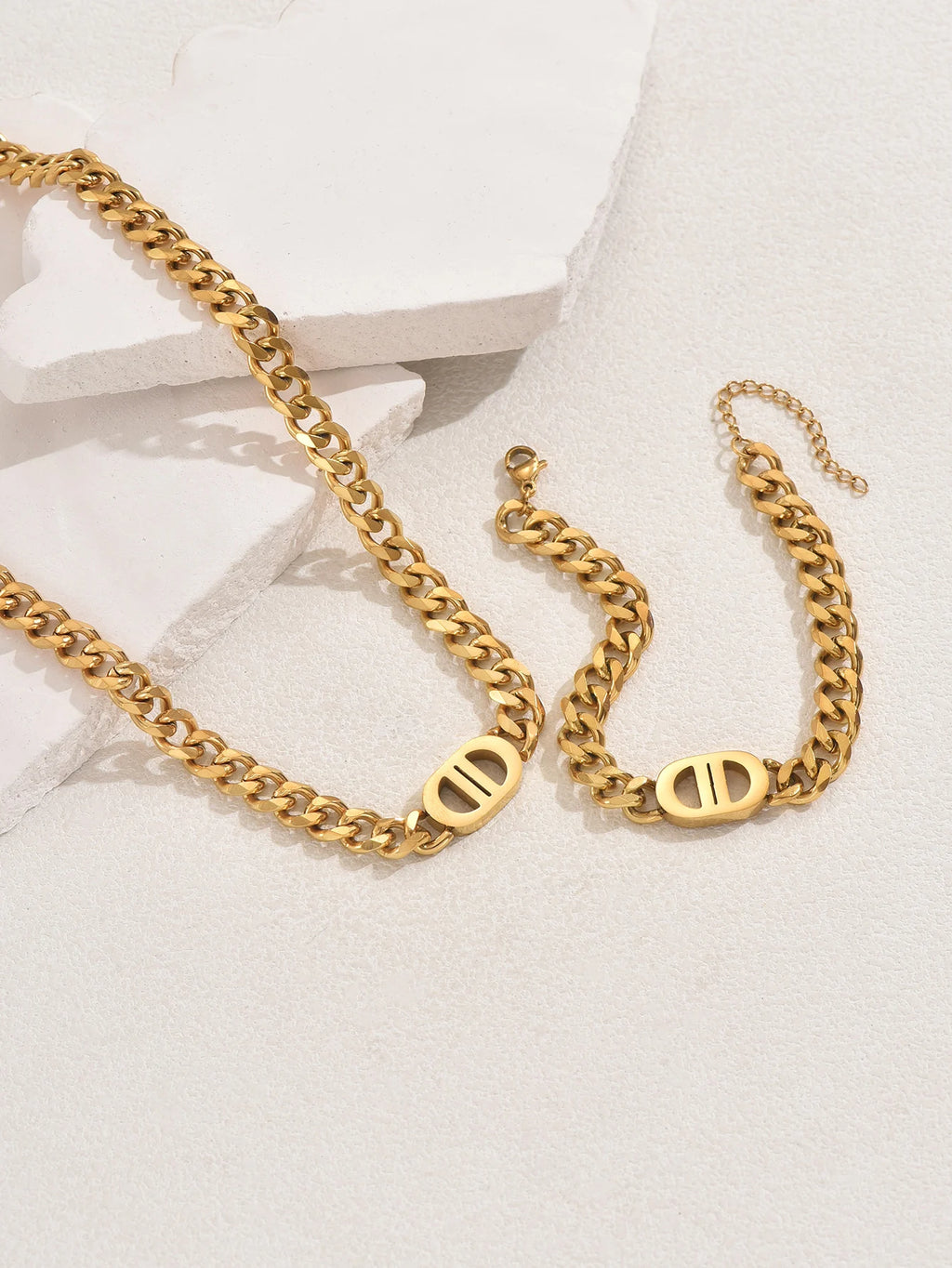 Gold Cuban Chain Necklace & Bracelet Set