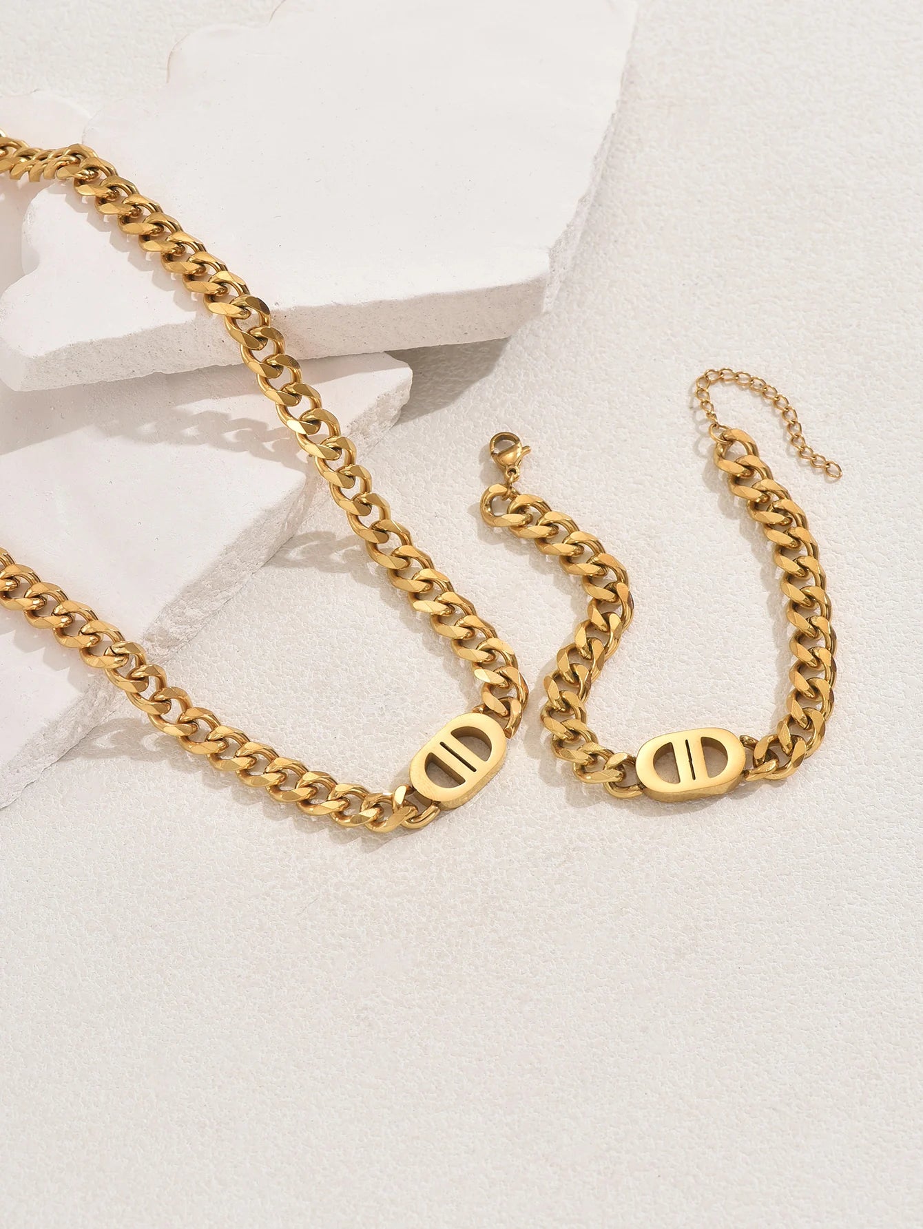 Gold Cuban Chain Necklace & Bracelet Set