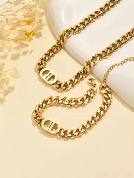 Gold Cuban Chain Necklace & Bracelet Set