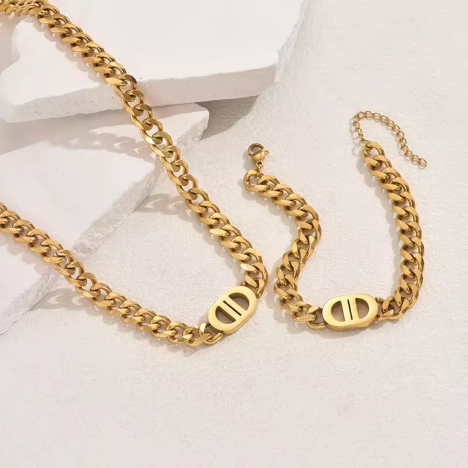 Gold Cuban Chain Necklace & Bracelet Set