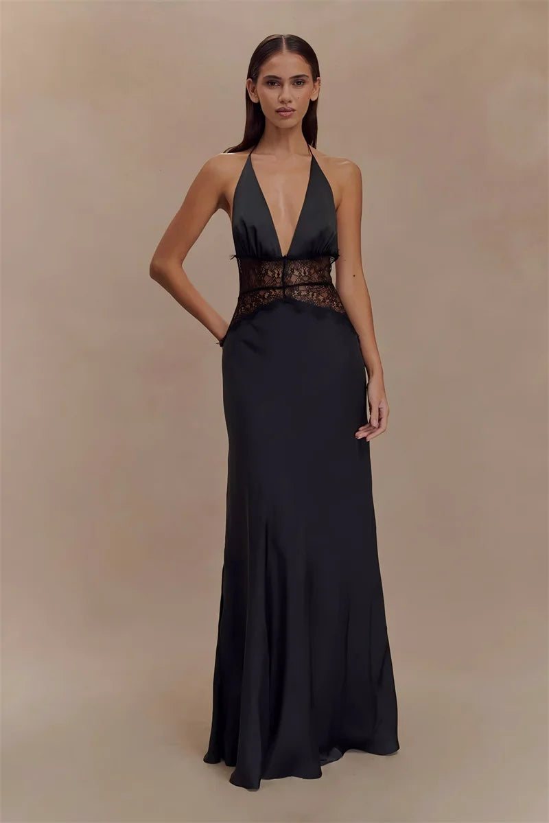 Lace Halter Backless Maxi Dress