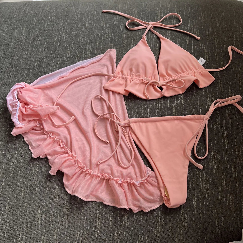 Ruffled Halter Bikini Set With Sarong
