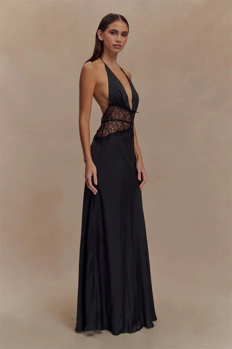 Lace Halter Backless Maxi Dress