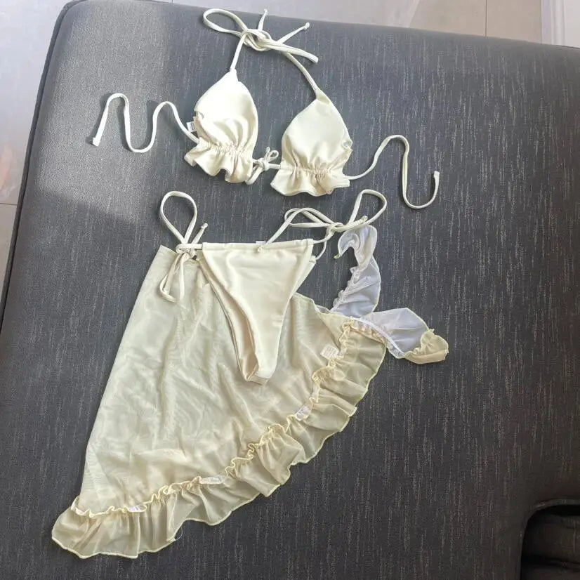 Ruffled Halter Bikini Set With Sarong