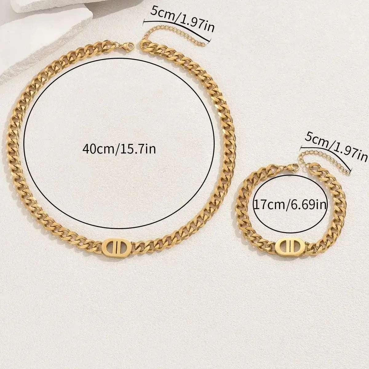 Gold Cuban Chain Necklace & Bracelet Set