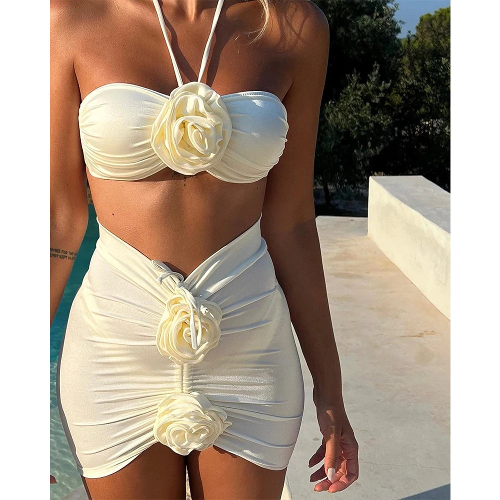 Floral Lace Three Piece Bikini Set With Cover Up